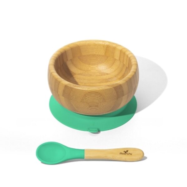 Avanchy Bamboo Suction Baby Bowl and Spoon Trauku komplekts bērniem Green