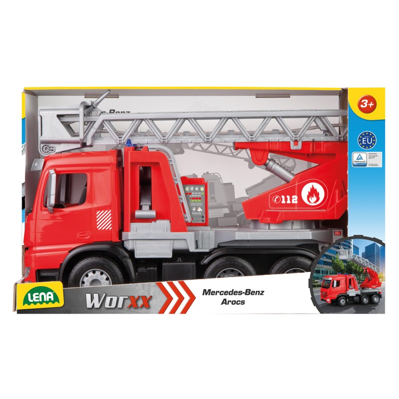 Lena Ugunsdzēsēju ma&scaron;īna ar pagarināmām kāpnem un ūdens strūklu Worxx  Mercedes Arocs 52 cm L04615 kastē Lena Čehija